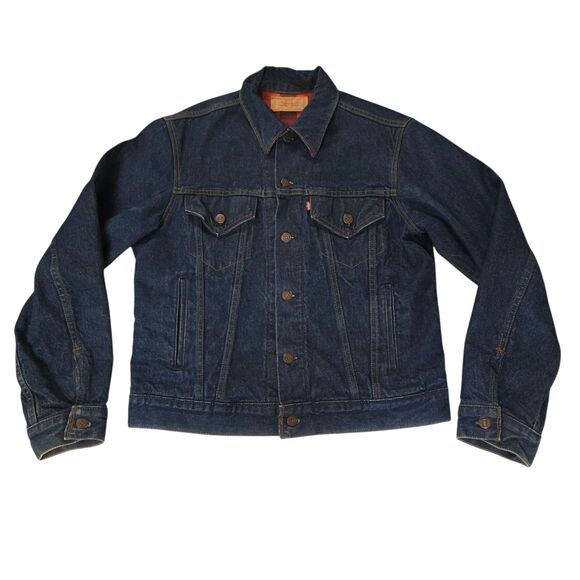 Levis Vintage 80s Denim Jacket Mens 40 Dark Wash Trucker Buffalo Plaid - Picture 1 of 10